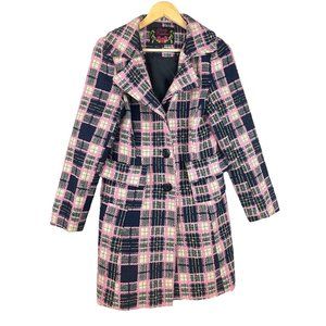 Body Central Coat Size Medium* Plaid Nubbly Texture Black/Pink/Green Pockets